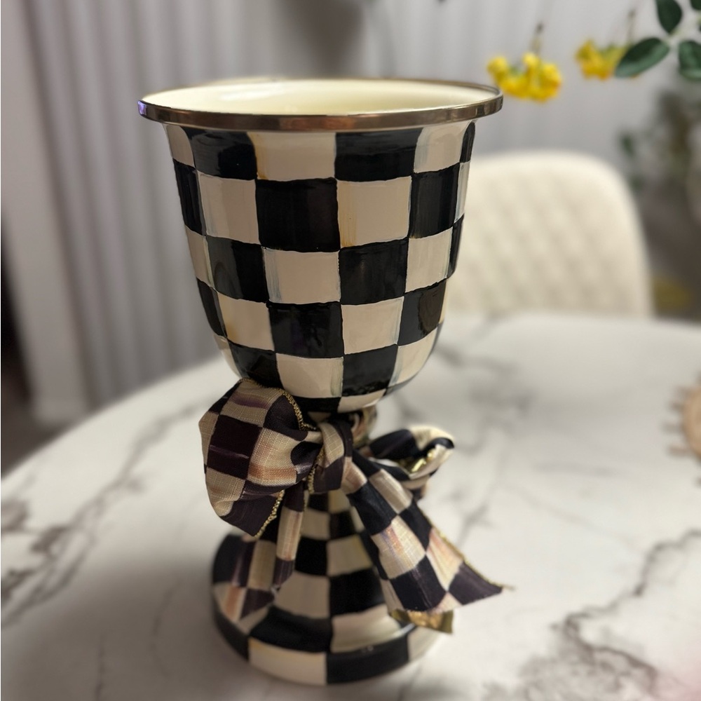 Checkered Black and White Vase with Ribbon